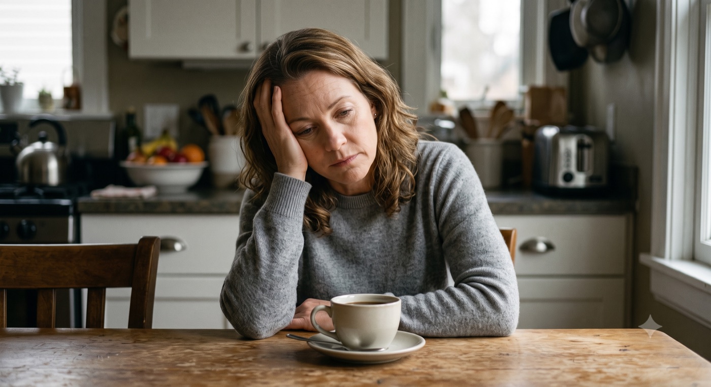 Diane sitting at her kitchen table in the morning, looking exhausted and low on energy