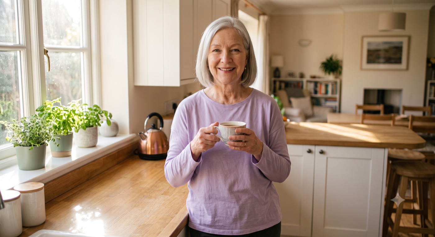 Margaret smiling in a bright kitchen, holding a cup of tea, looking relaxed and energetic