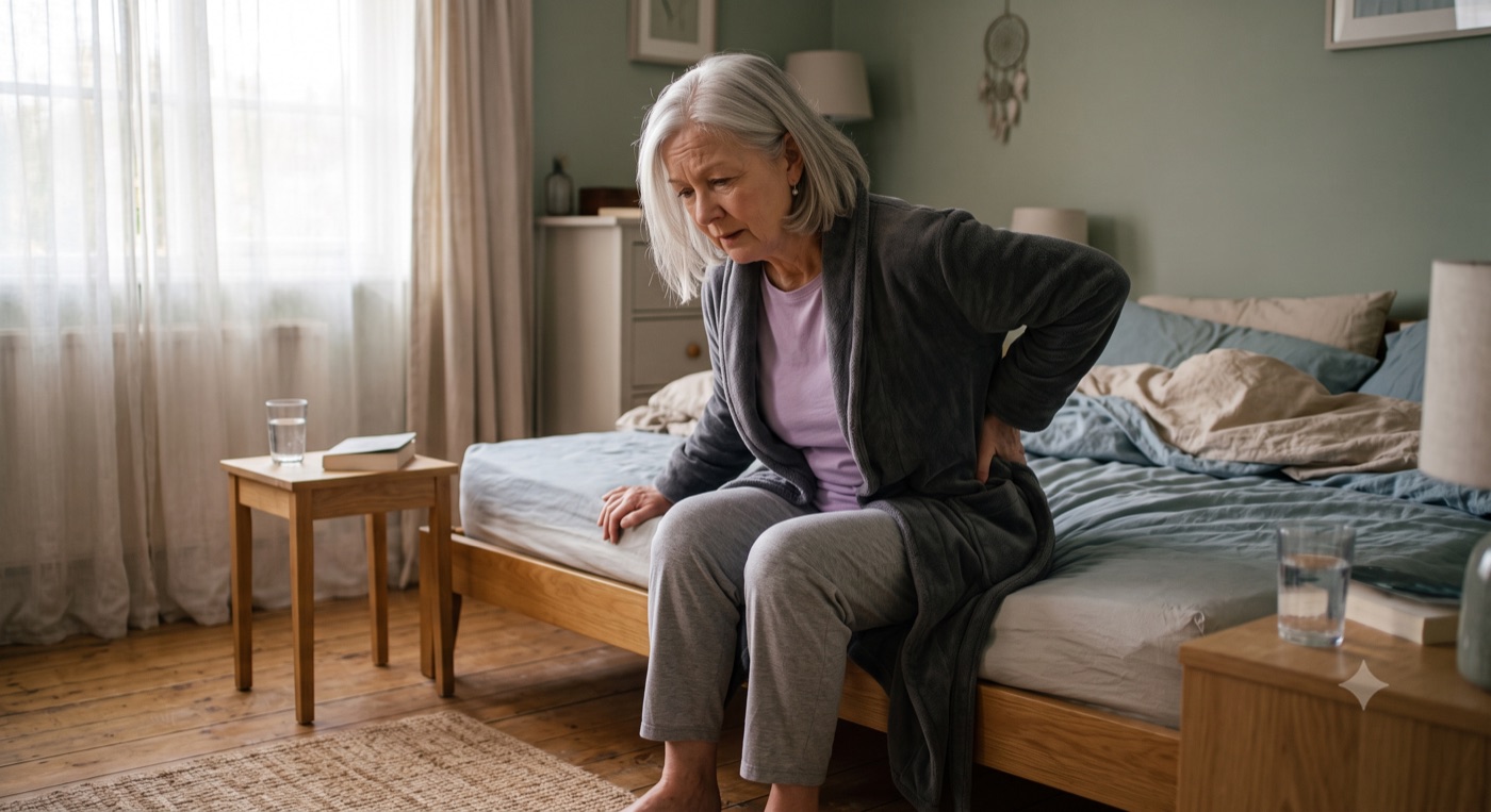 Margaret sitting on the edge of her bed in the morning, holding her lower back, looking stiff and tired
